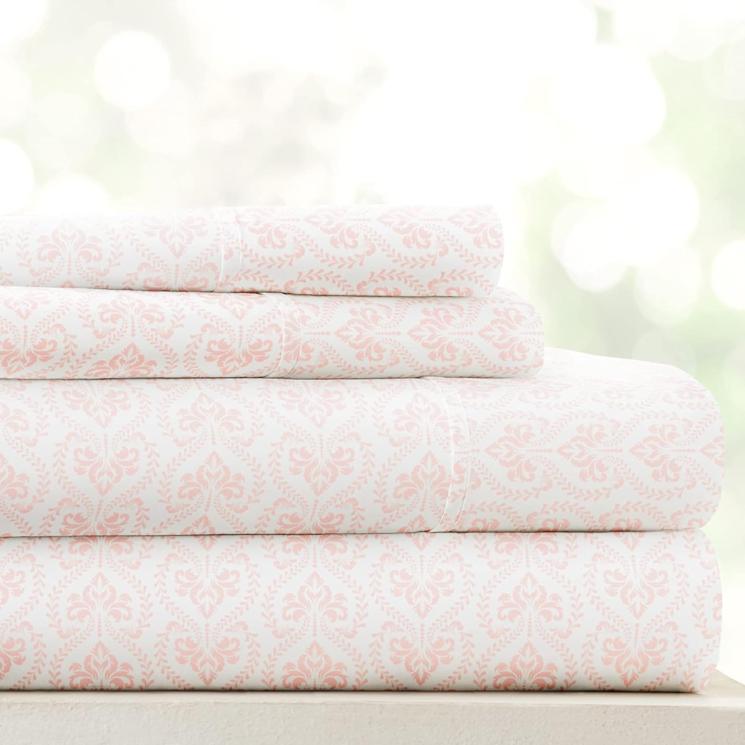 Linen Market front view of pink patterned queen sheet set showing neat bed styling and comfort