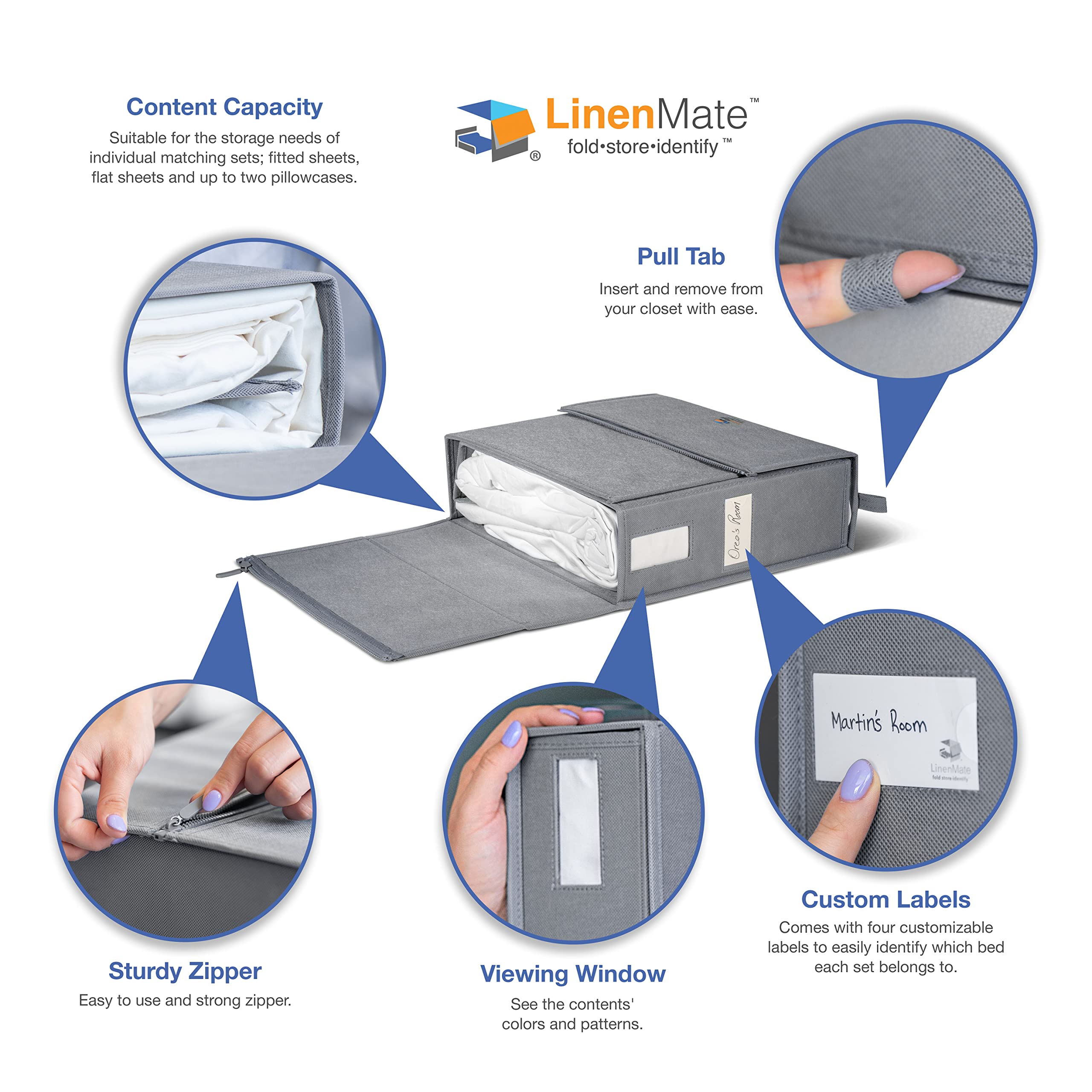 LINENMATE open container with neatly folded sheets demonstrating tidy storage