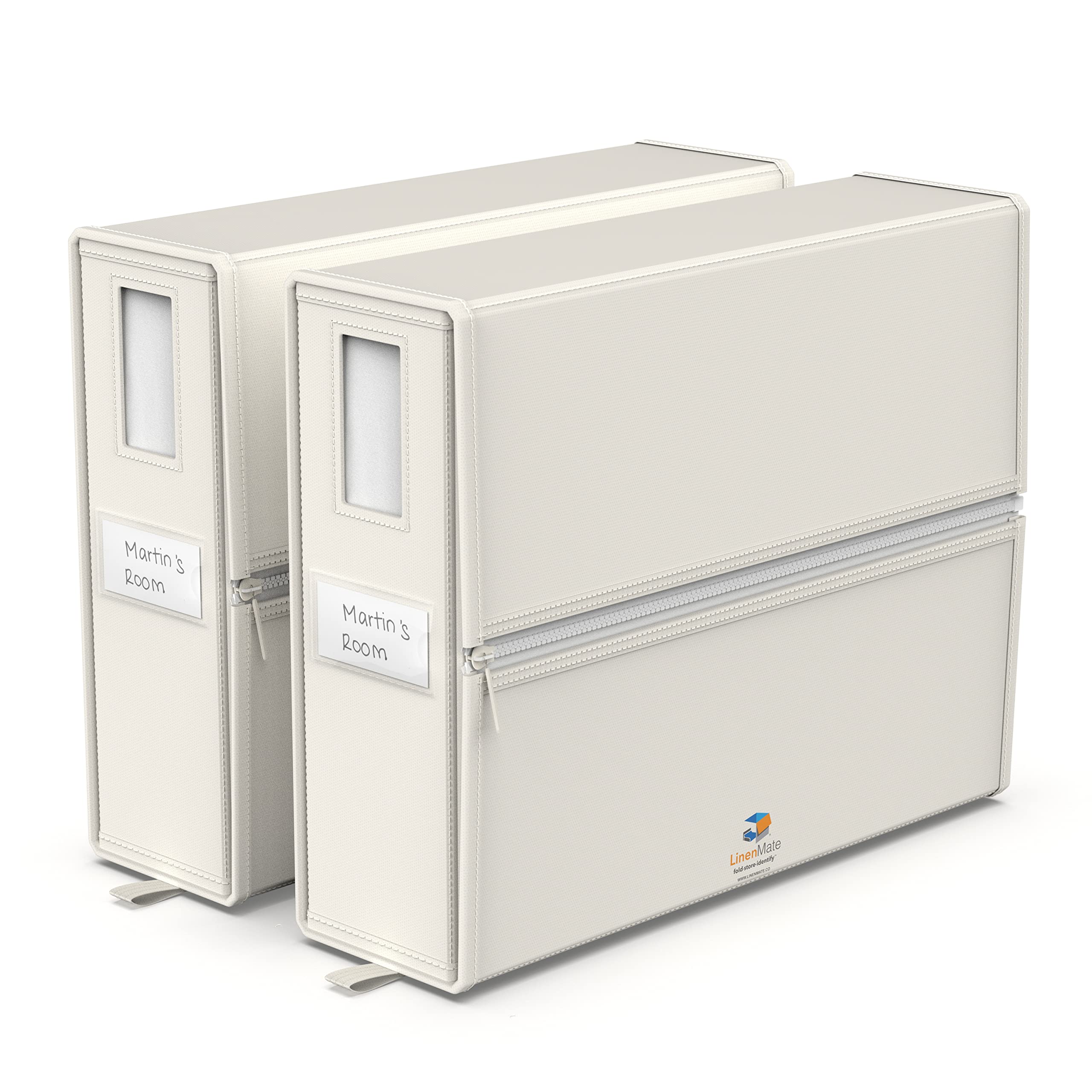 LINENMATE front view of ivory storage container shows neat stack benefit