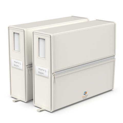 LINENMATE front view of ivory storage container shows neat stack benefit