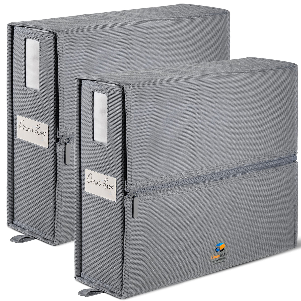 LINENMATE front packaging showing grey storage bag and contents benefit