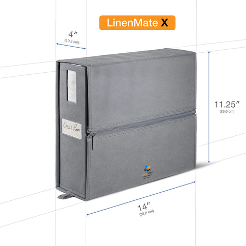 LINENMATE stacked containers on closet shelf maximizing vertical space