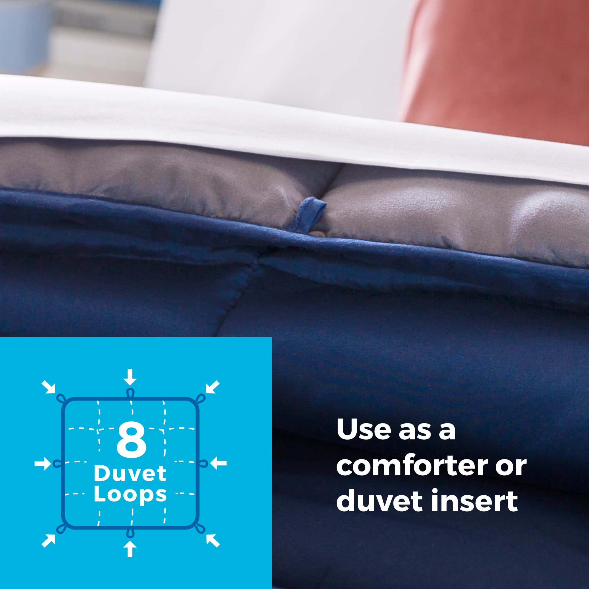 Linenspa corner with built-in loops shown fastening to a duvet cover for secure attachment