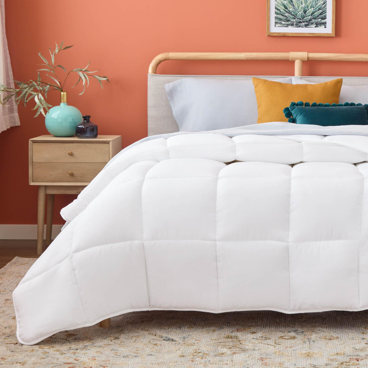 Linenspa front view of queen comforter showing clean white look and modern benefit