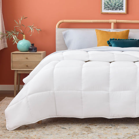 Linenspa front view of queen comforter showing clean white look and modern benefit