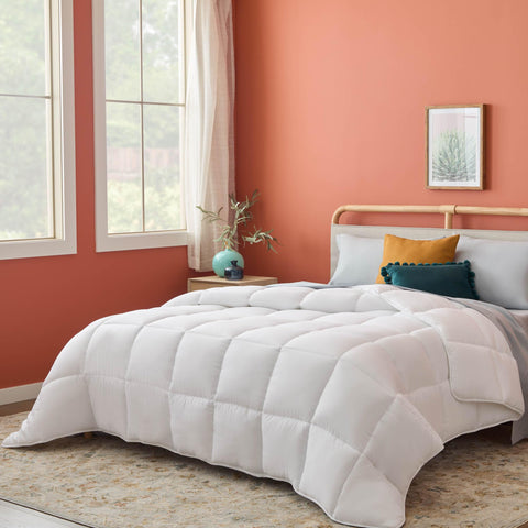 Linenspa front view of twin white comforter showing clean modern look and easy styling