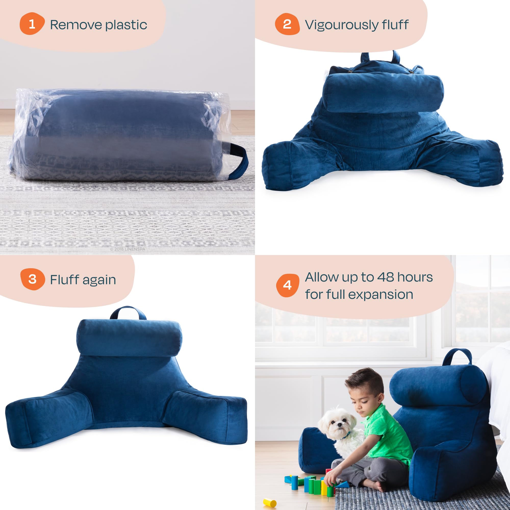 Linenspa in-bed setting demonstrates XL pillow supporting upright reading posture