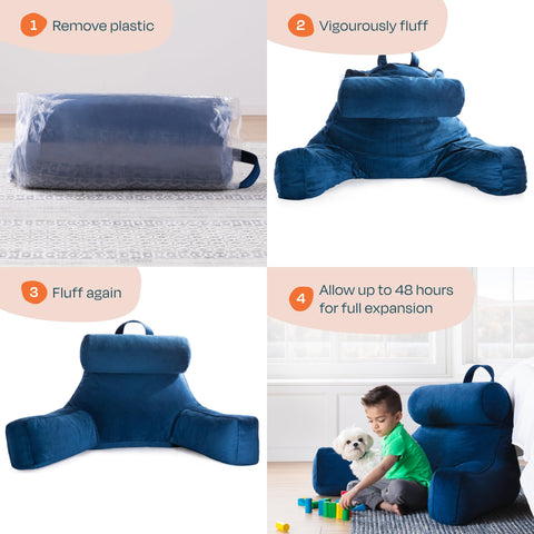 Linenspa in-bed setting demonstrates XL pillow supporting upright reading posture