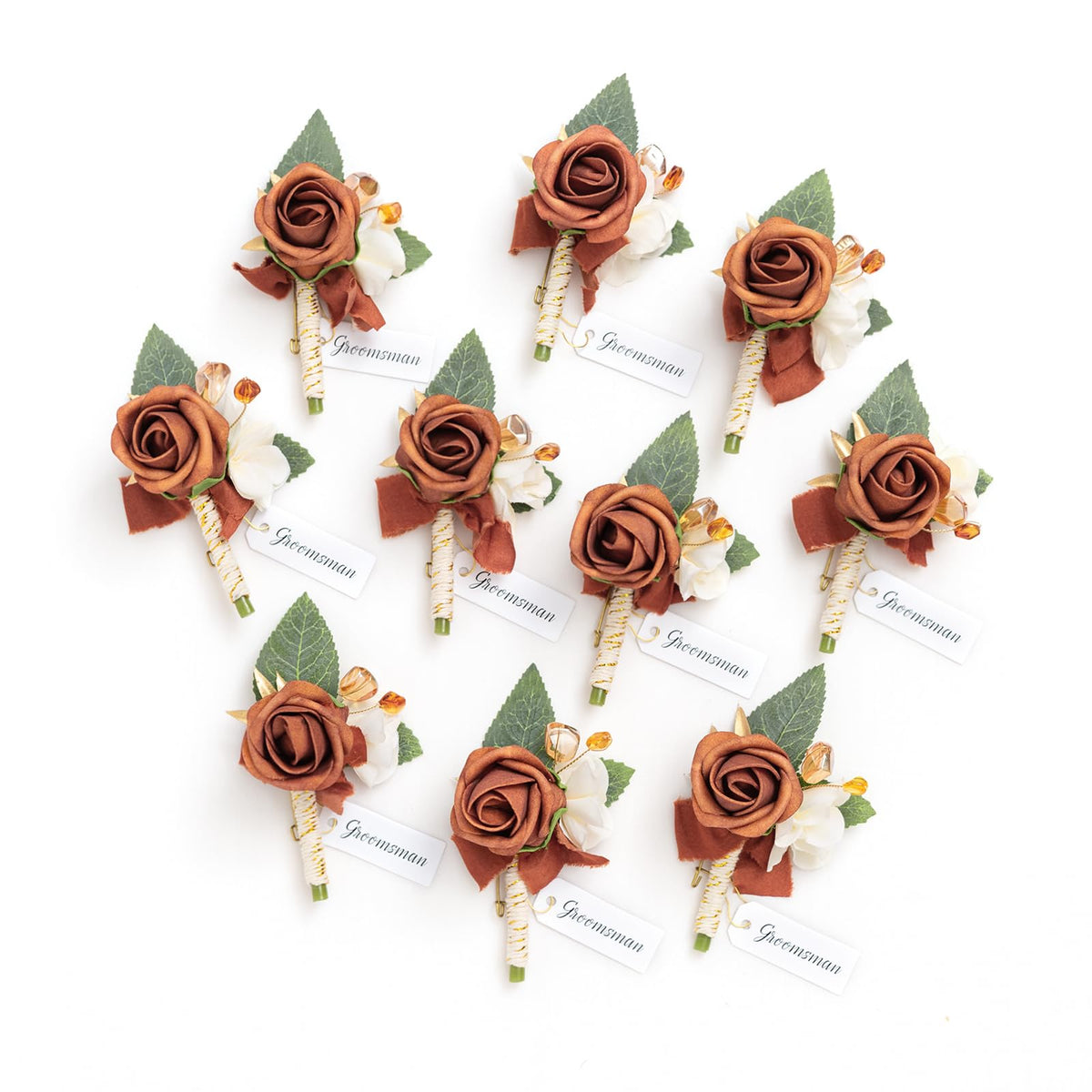 Ling's moment boutonniere front view showing terracotta color and elegant finish