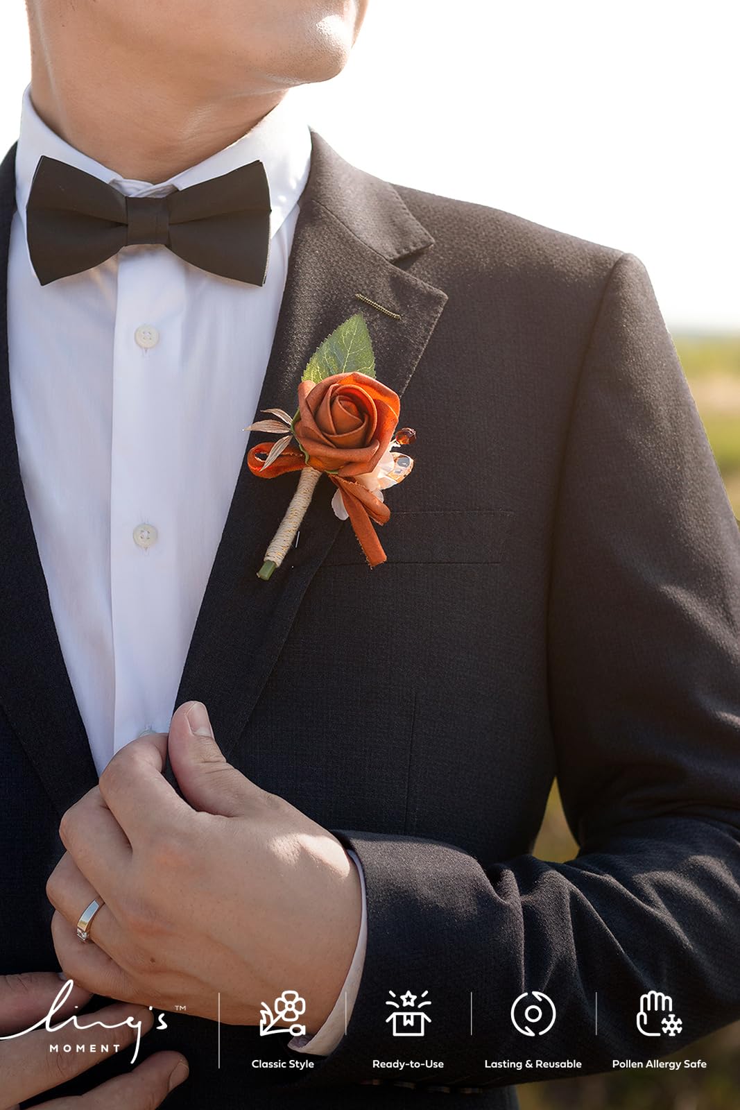 Ling's moment boutonniere pinned on lapel demonstrating polished wedding styling