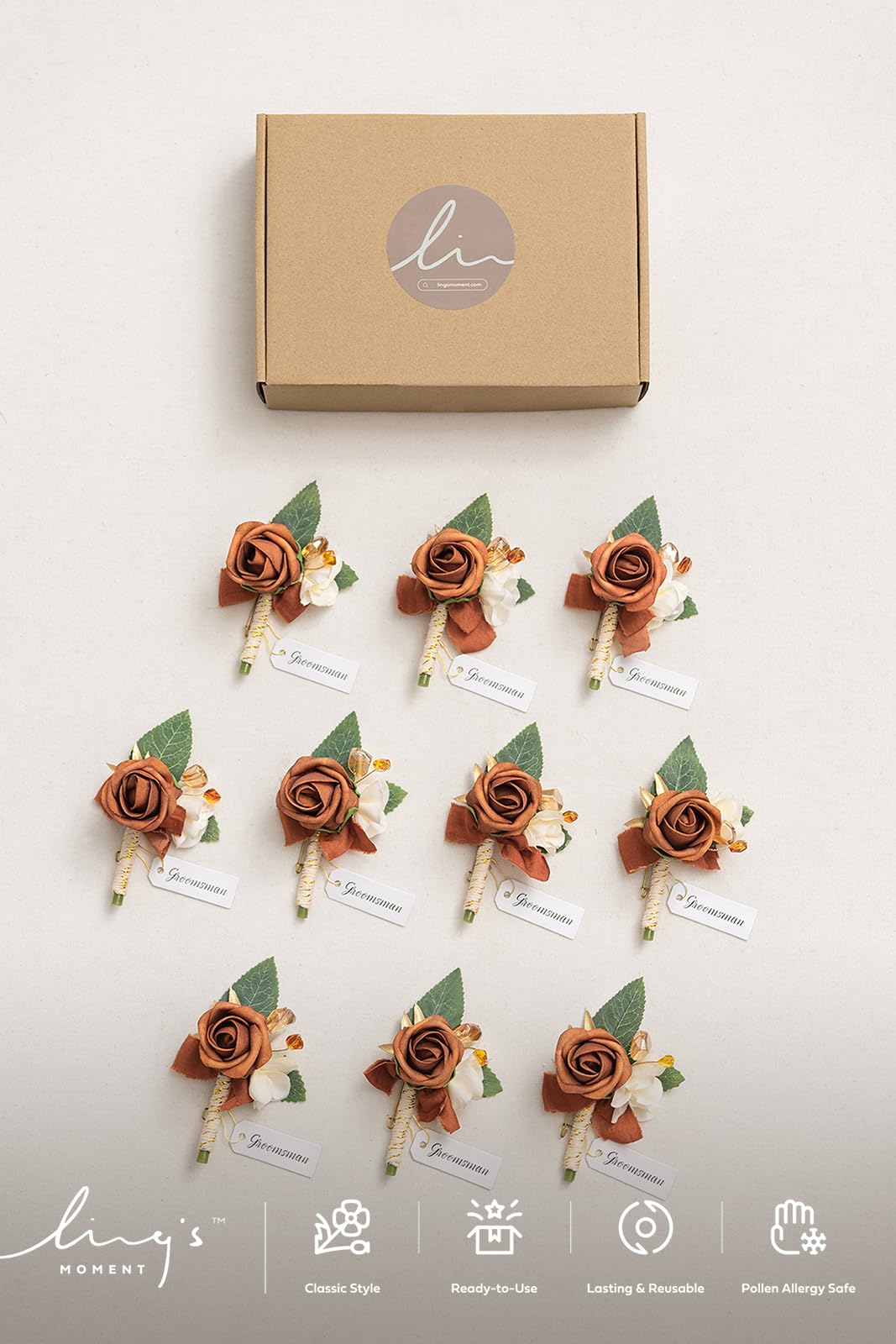 Ling's moment boutonniere next to bridal bouquet showing color coordination