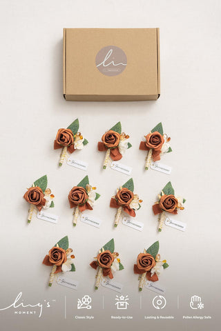 Ling's moment boutonniere next to bridal bouquet showing color coordination