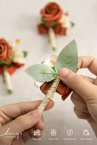 Ling's moment boutonniere beside ruler to show size and fit on jackets