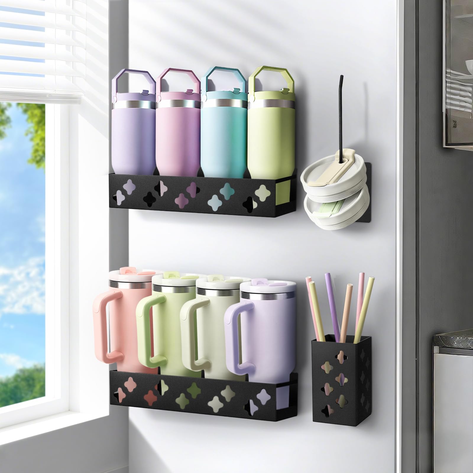Linidcoud front view of magnetic tumbler organizer, tidy storage benefit