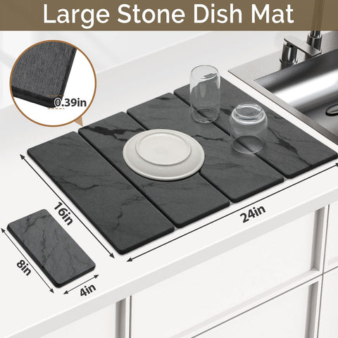 Linidcoud mat placed under a dish rack protecting countertop from drips