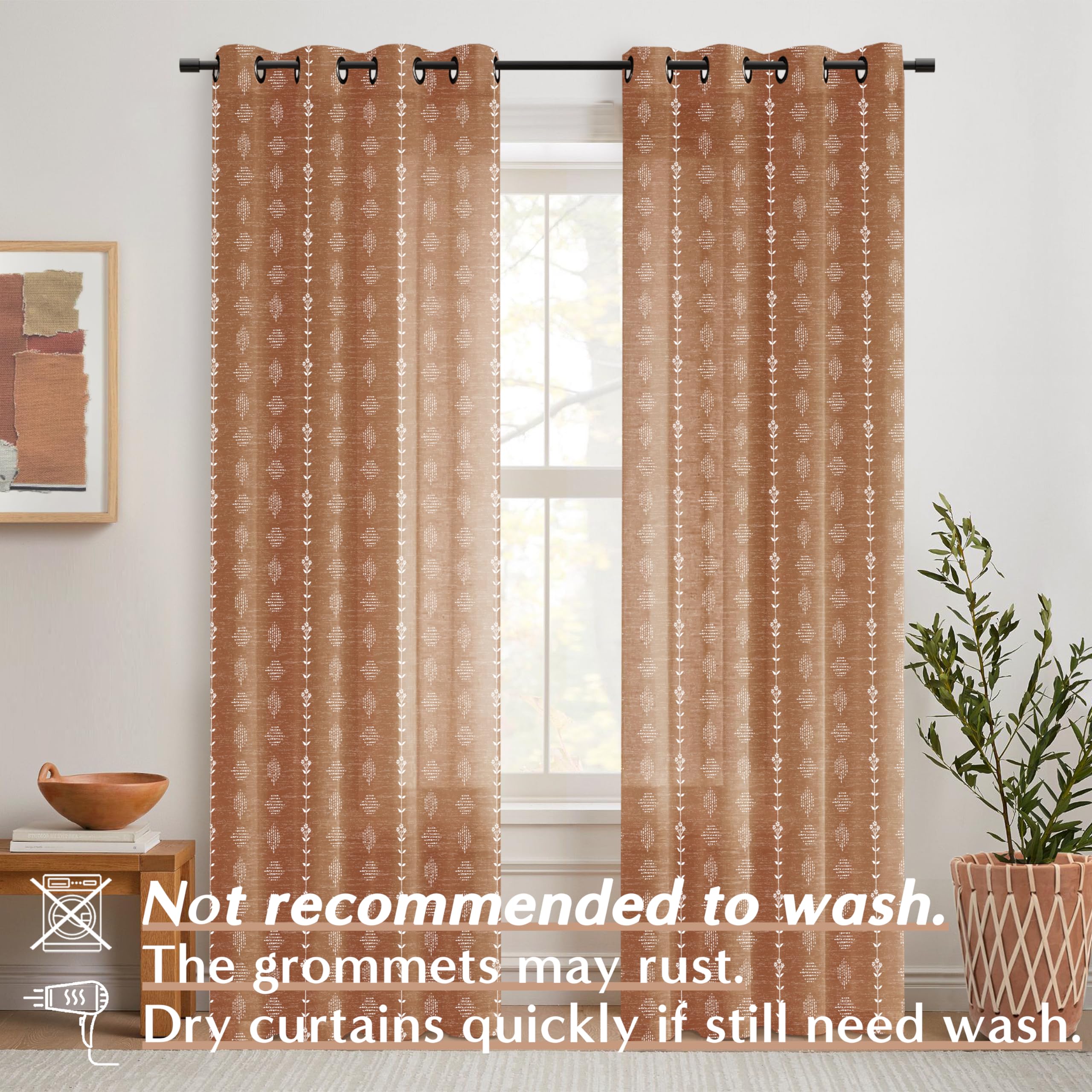 Lino Rosa curtains styled in living room adding warm rust color and cozy ambiance