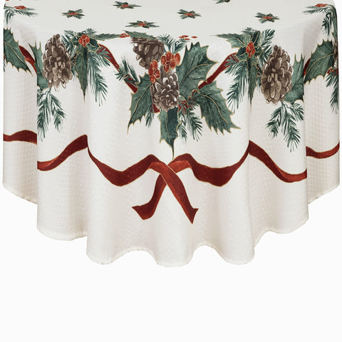 Lintex tablecloth front view showing full holiday print and border, festive presentation benefit