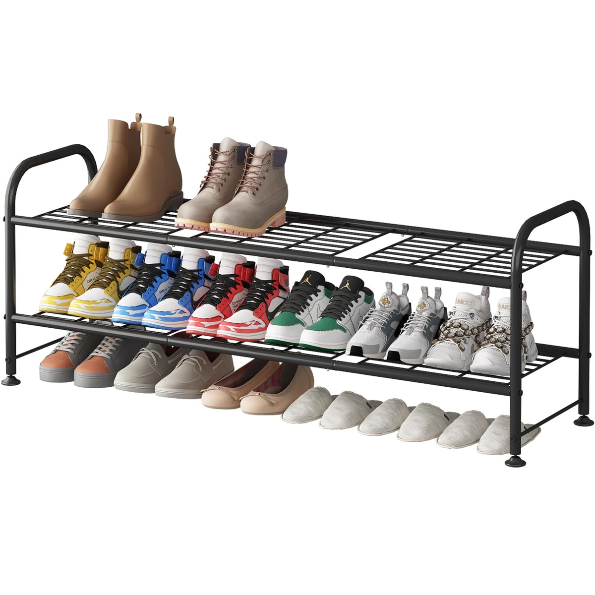 LINZINAR front view showing full two-tier shoe storage and tidy benefit