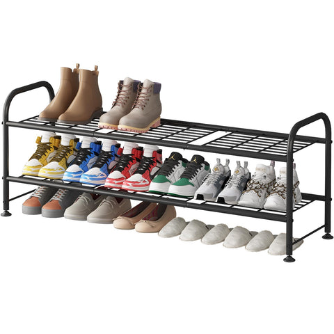 LINZINAR front view showing full two-tier shoe storage and tidy benefit