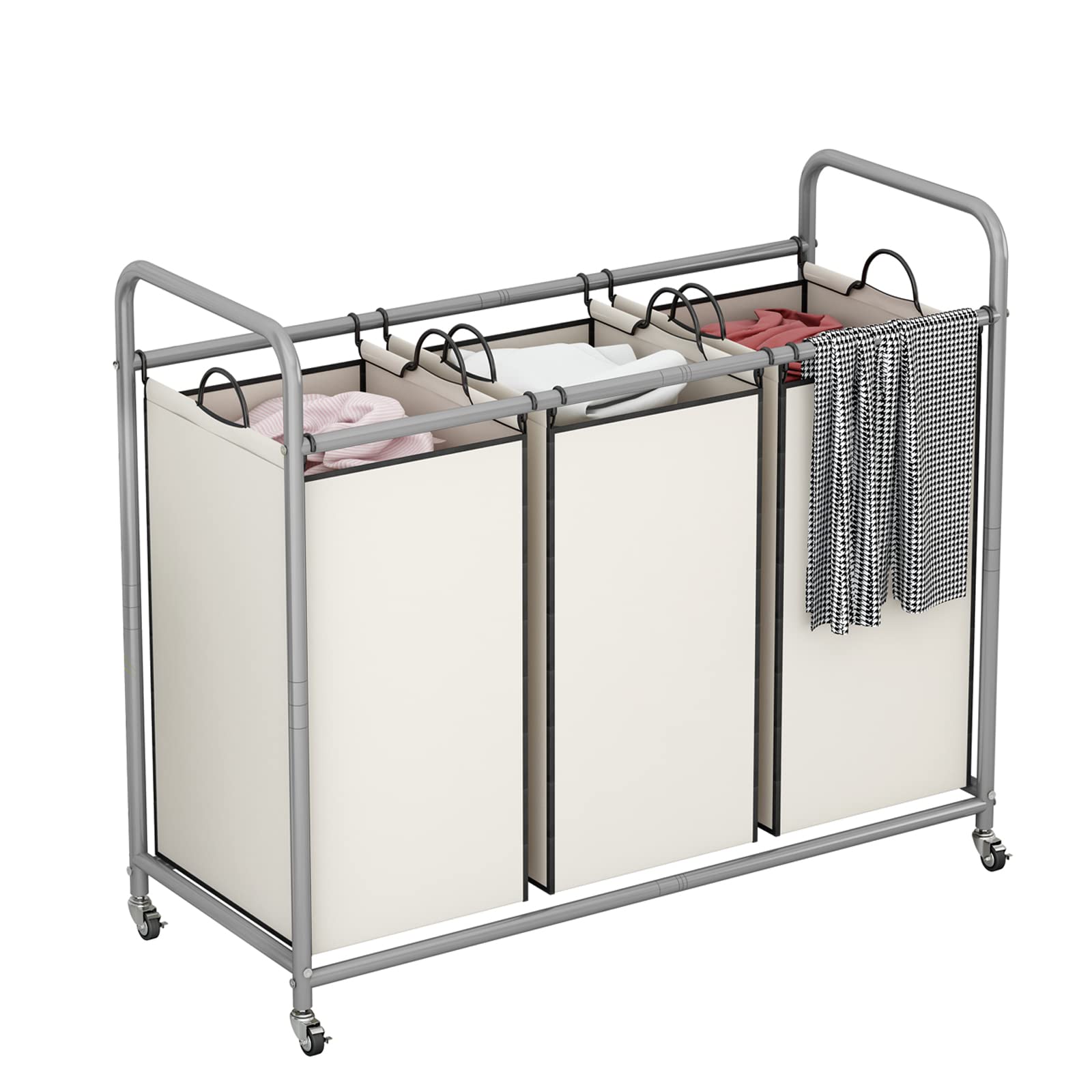 LINZINAR front view of beige 3-section hamper showing organized storage benefit