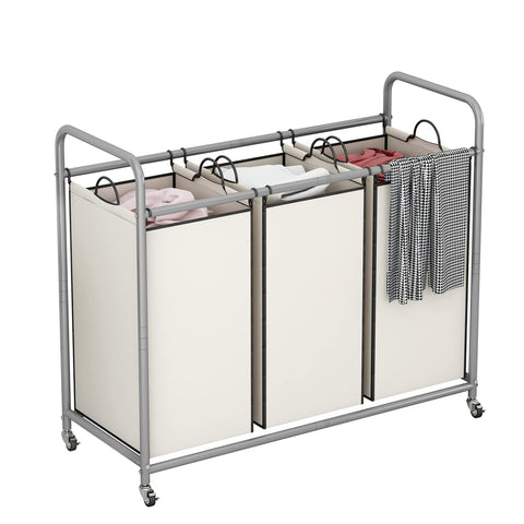 LINZINAR front view of beige 3-section hamper showing organized storage benefit