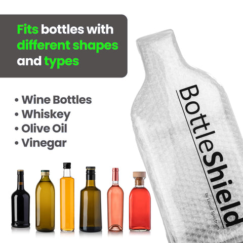 Liquid Spectrum sleeve holding wine, olive oil and perfume bottles safely