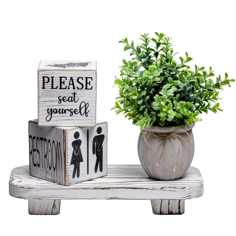 Liswit front view of three wooden blocks and tray showing farmhouse charm and humor