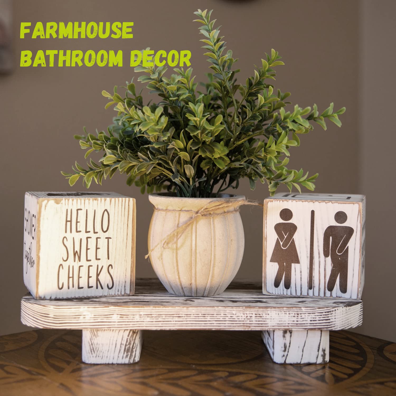 Liswit trio styled on bathroom countertop adding rustic accent and personality