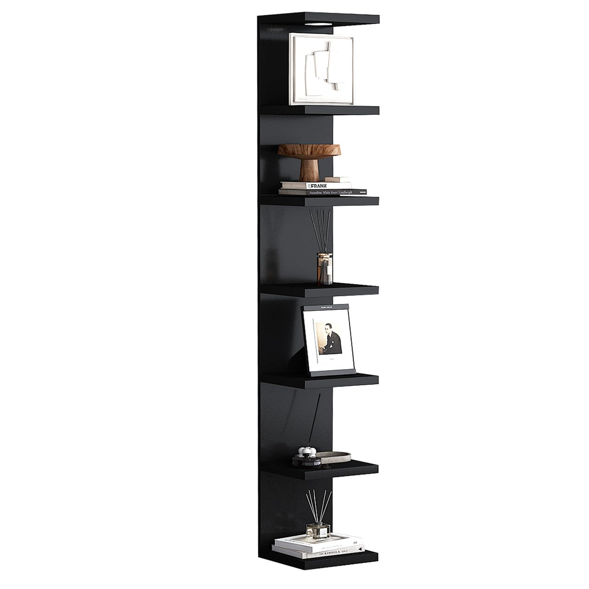 LitaEther front view of the black 7-tier floating shelf showcasing space-saving display