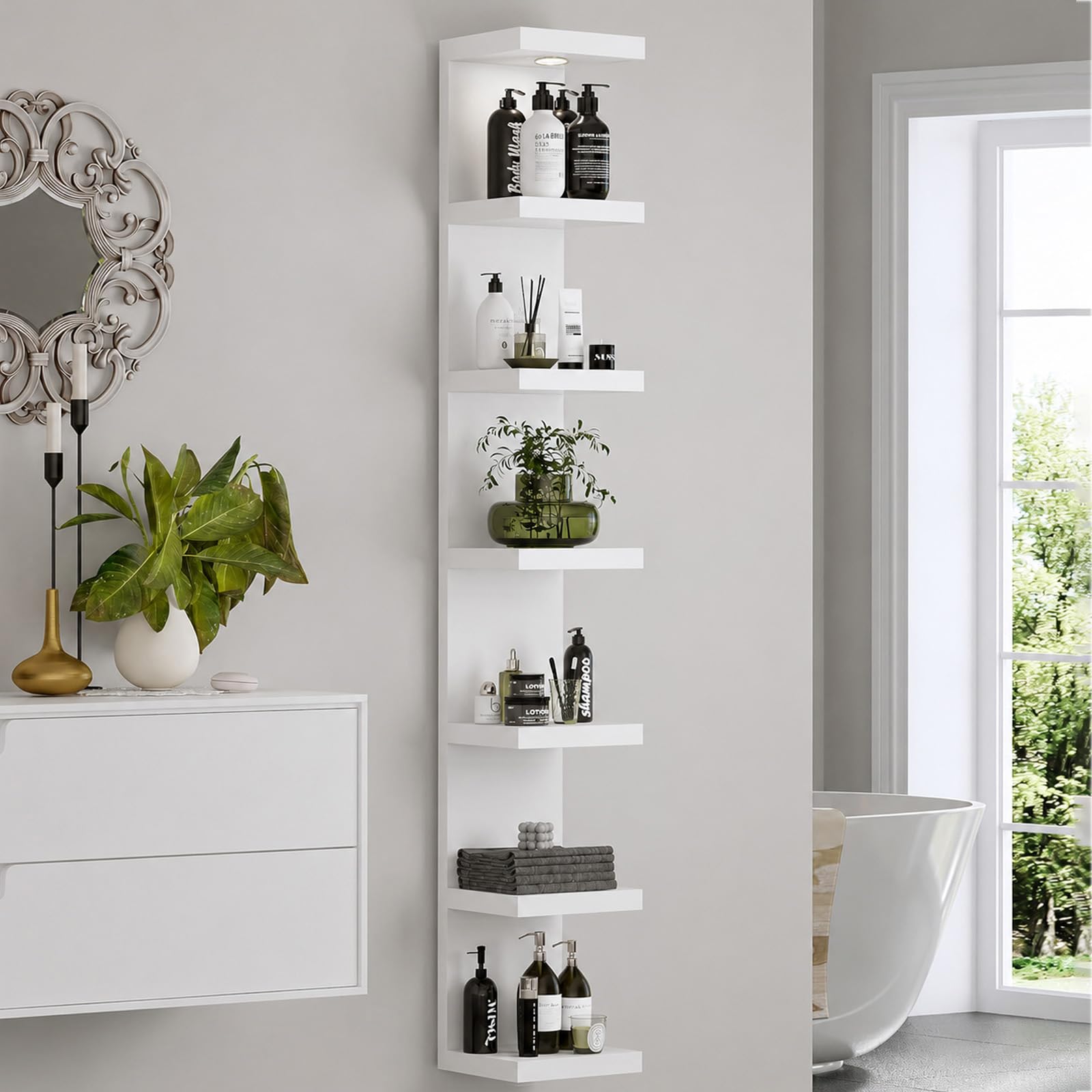 LitaEther mounted above vanity with makeup, organized storage benefit