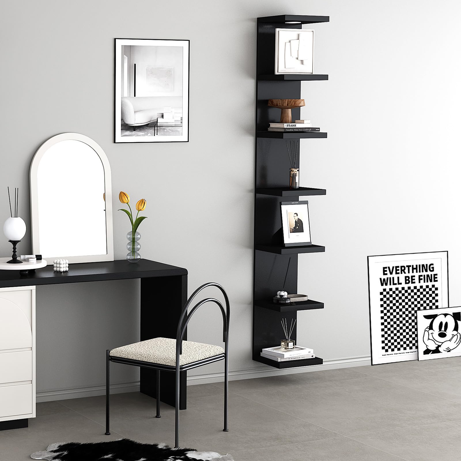 LitaEther shelf styled in living room emphasizing ambient illuminated décor