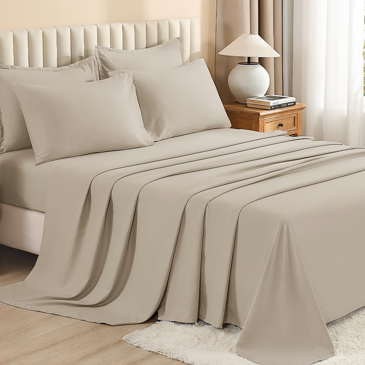 Litanika styled bedroom scene showing neutral oatmeal set creating calm