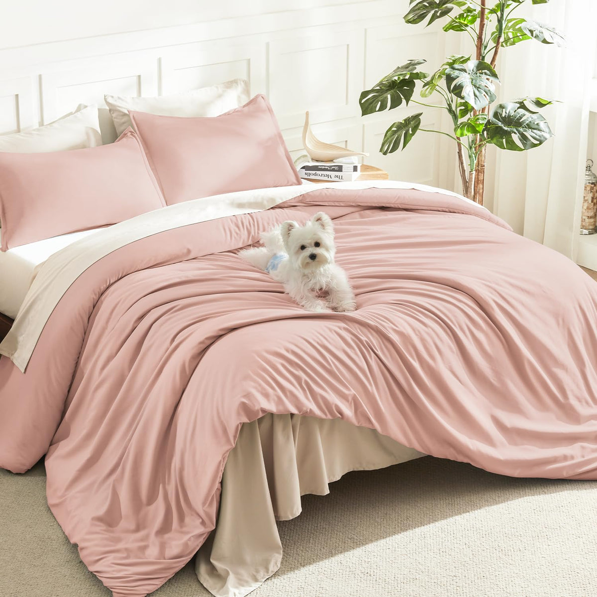 Litanika front view of blush pink full comforter showing neat finish and color
