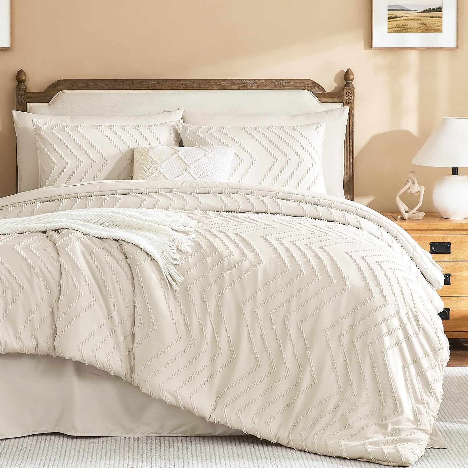 Litanika comforter front view showing beige design and easy styling benefit