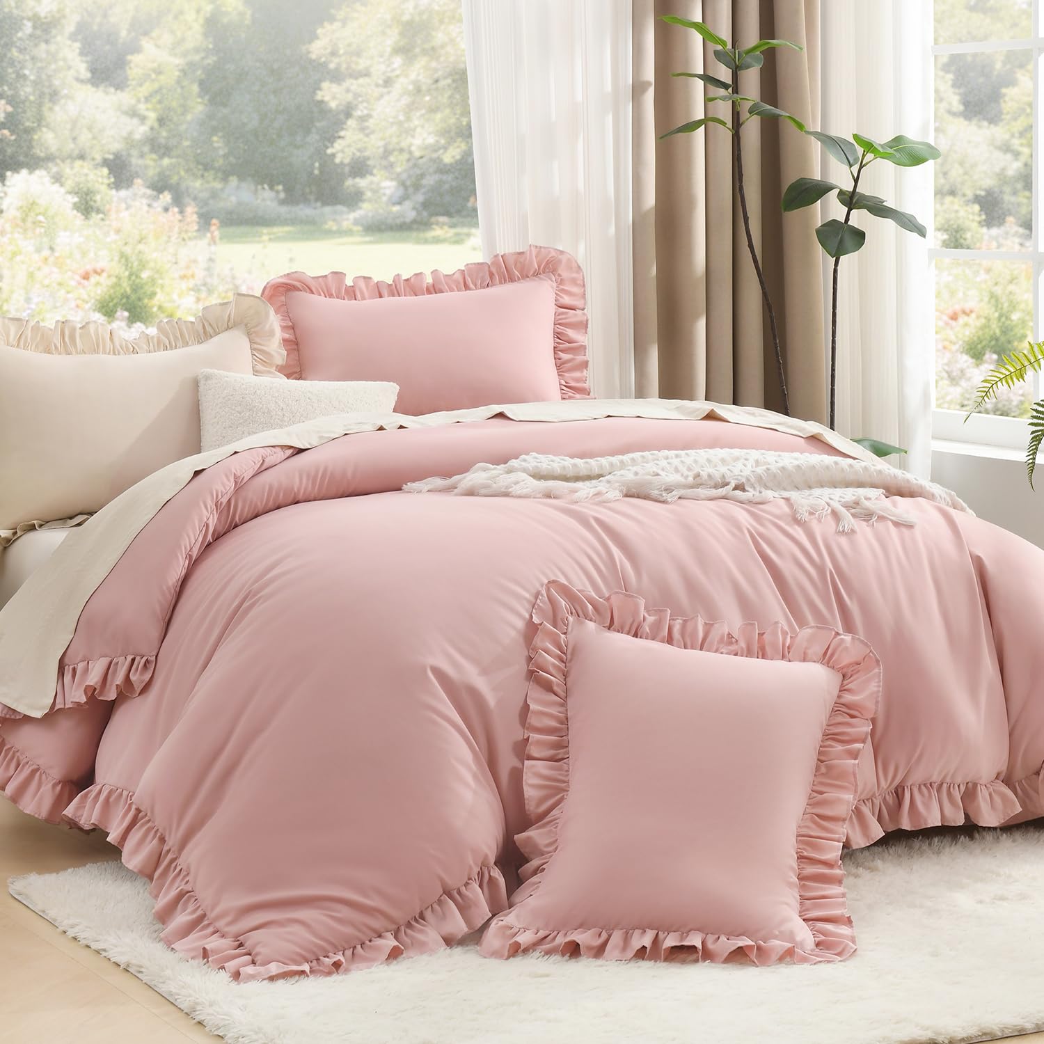 Litanika comforter front view showing blush ruffle and cozy look