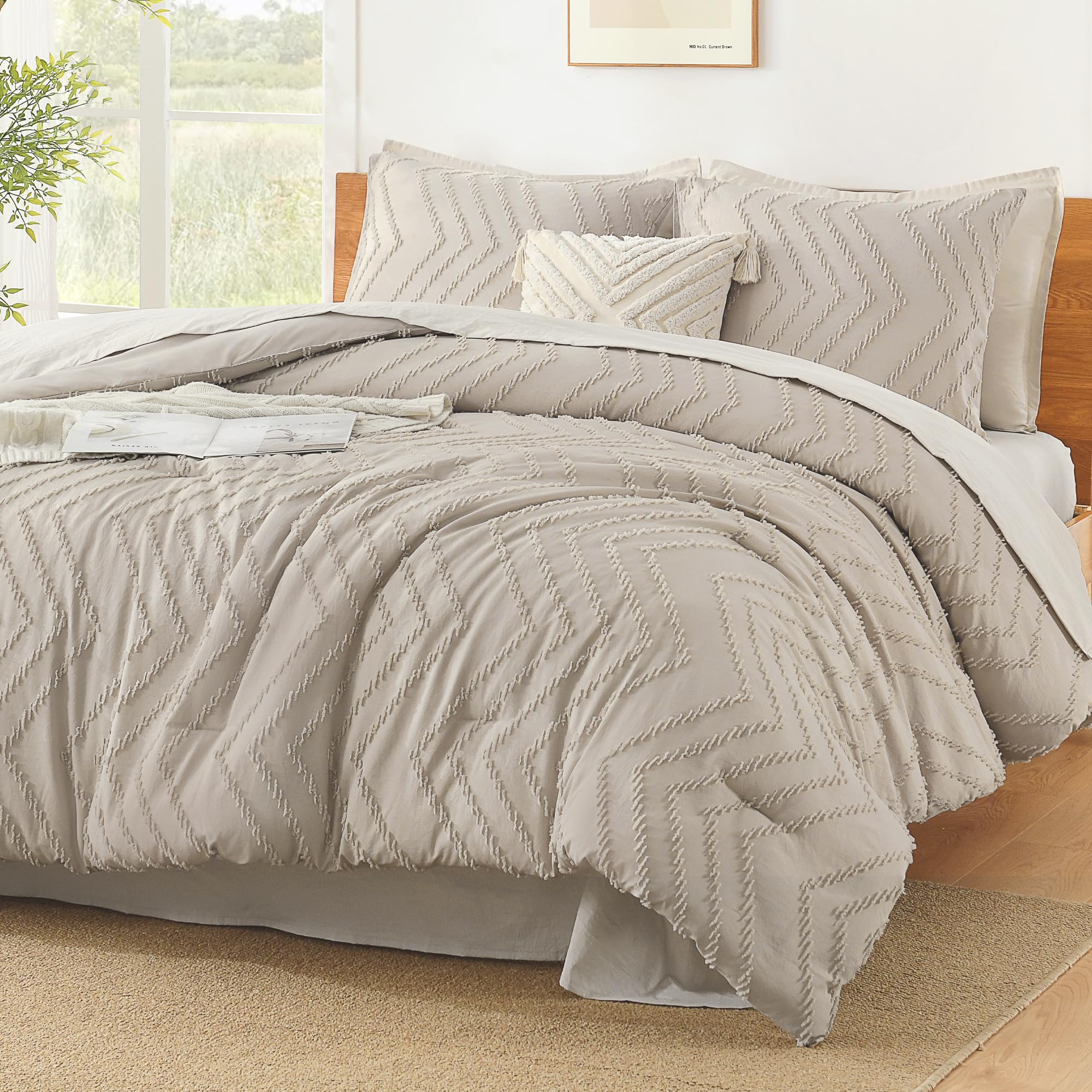 Litanika comforter front view showing tufted boho stripes and neutral tone for easy styling