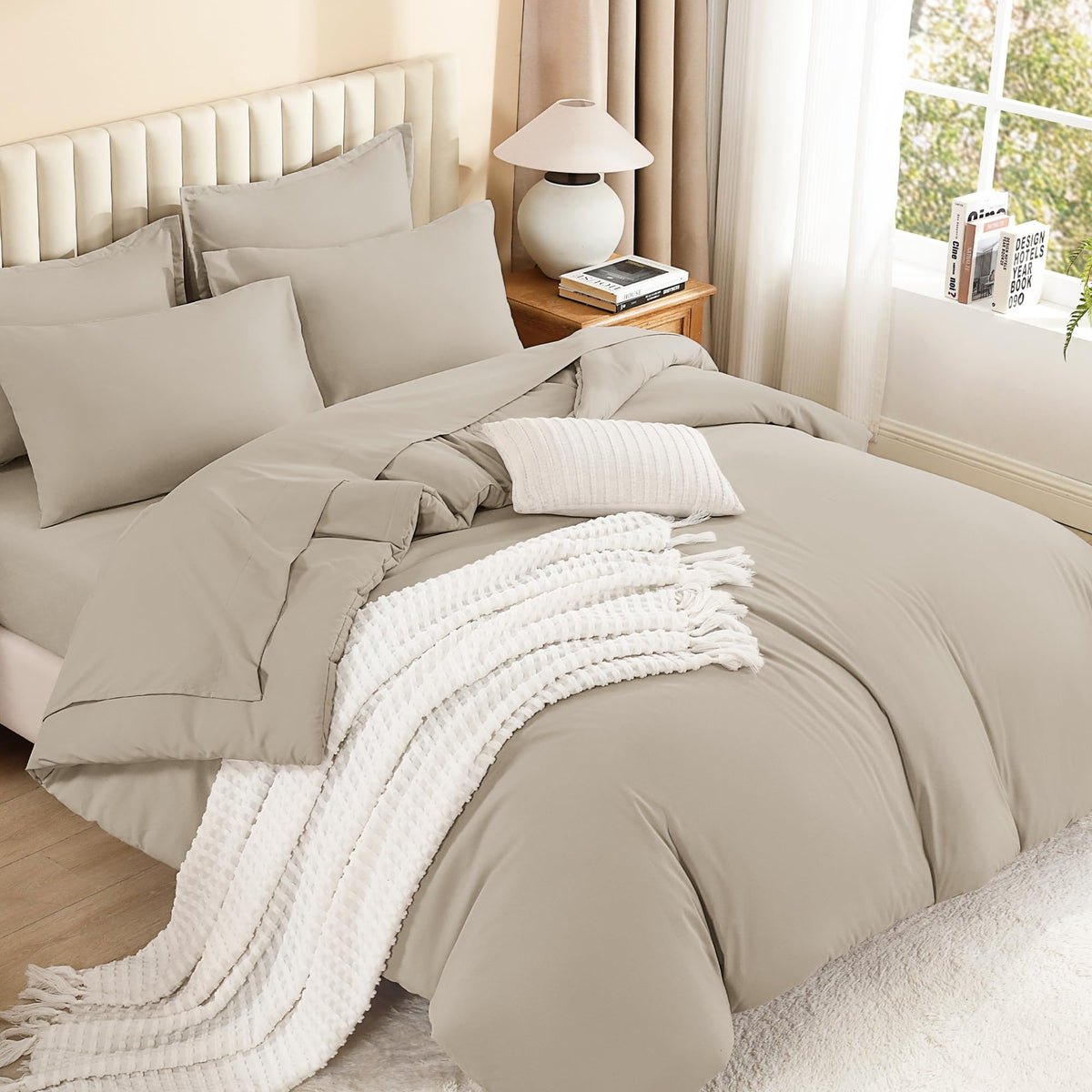 Litanika front view of oatmeal comforter set showing coordinated bedroom appeal
