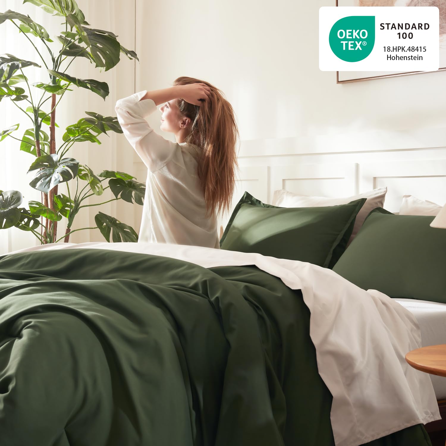 Litanika comforter in bedroom lifestyle showing calming color and styling benefit