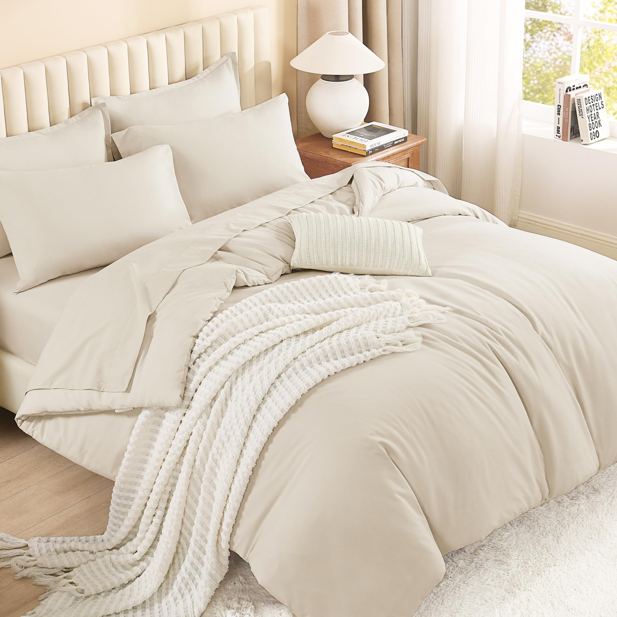 Litanika comforter set front view showing coordinated beige bedding and neat styling benefit