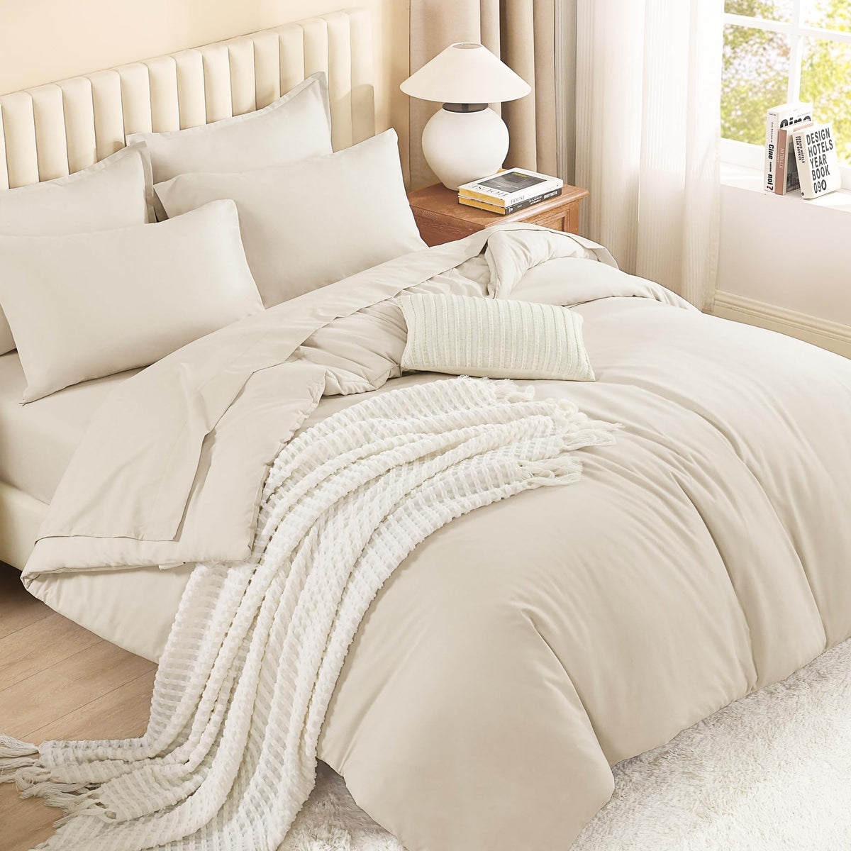 Litanika comforter set front view showing coordinated beige bedding and neat styling benefit