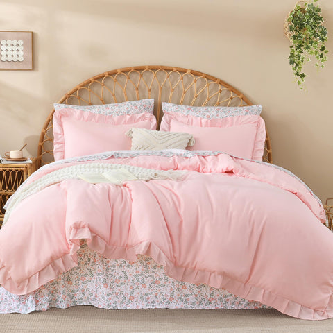 Litanika front view of full bed comforter set showing stylish ruffles and pink tone