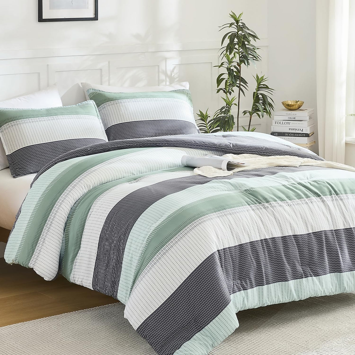 Litanika front view of light green comforter set shows modern striped appeal and cozy look