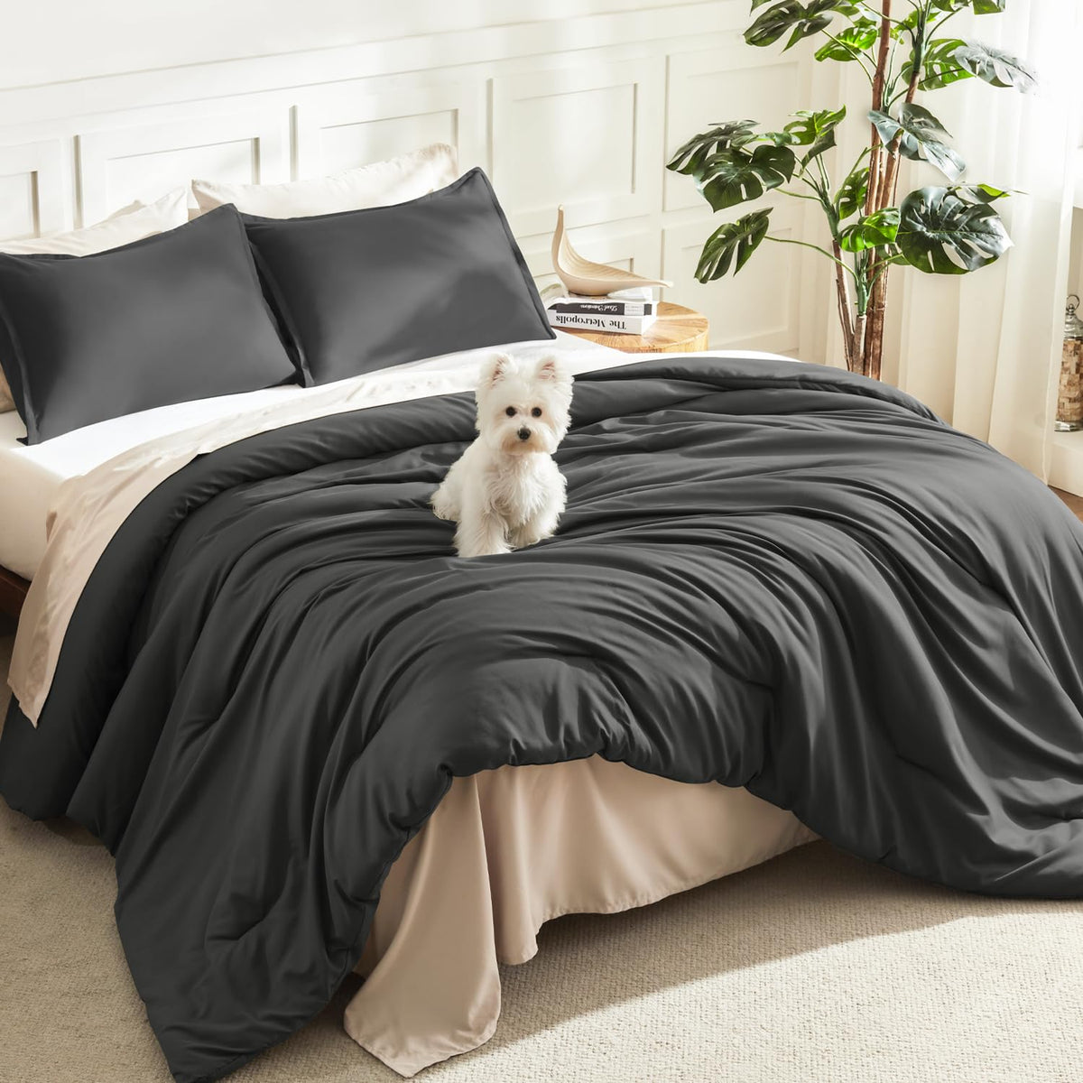 Litanika front view comforter on California king showcasing sleek dark grey and clean finish for versatile styling