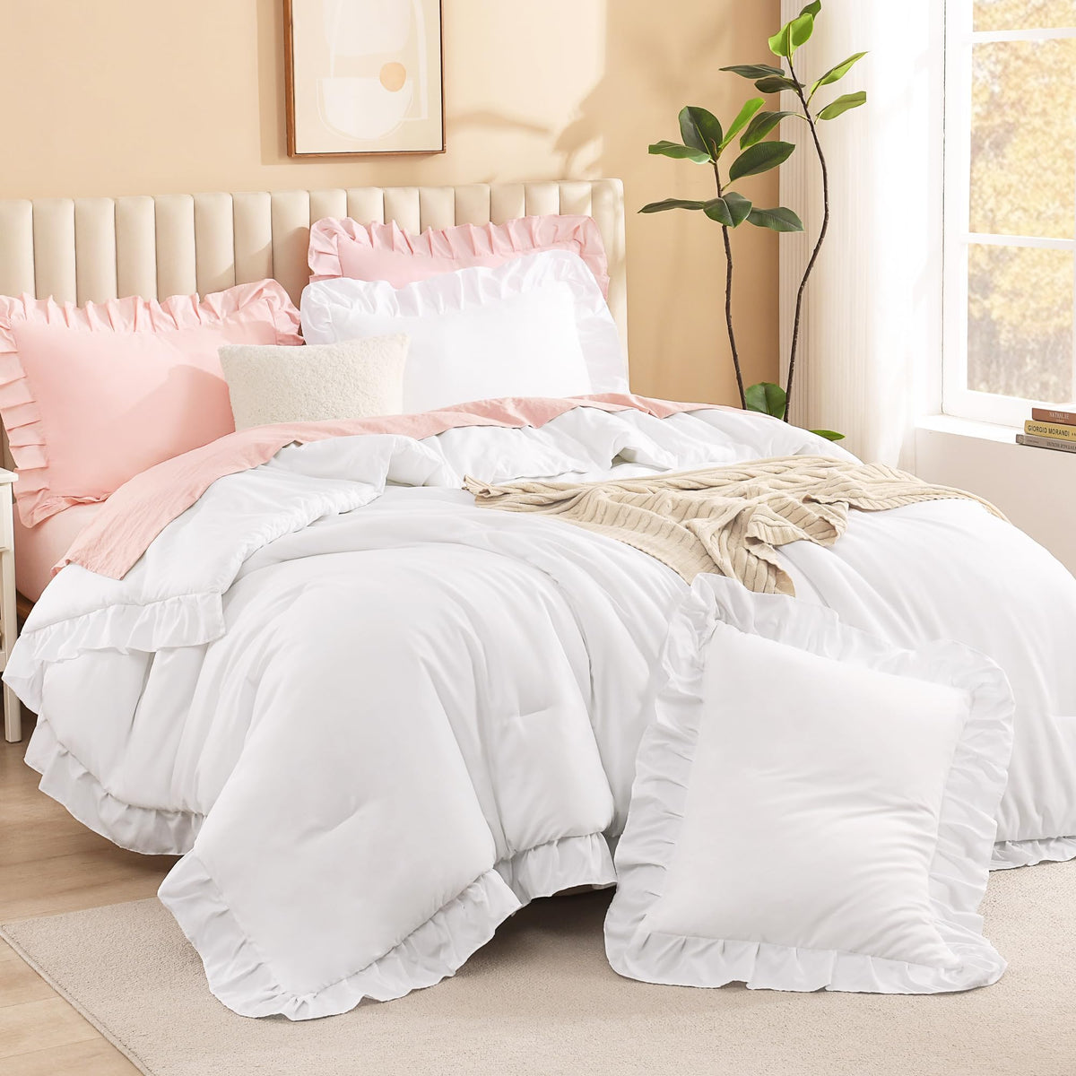 Litanika front view comforter showing white ruffle and elegant coverage