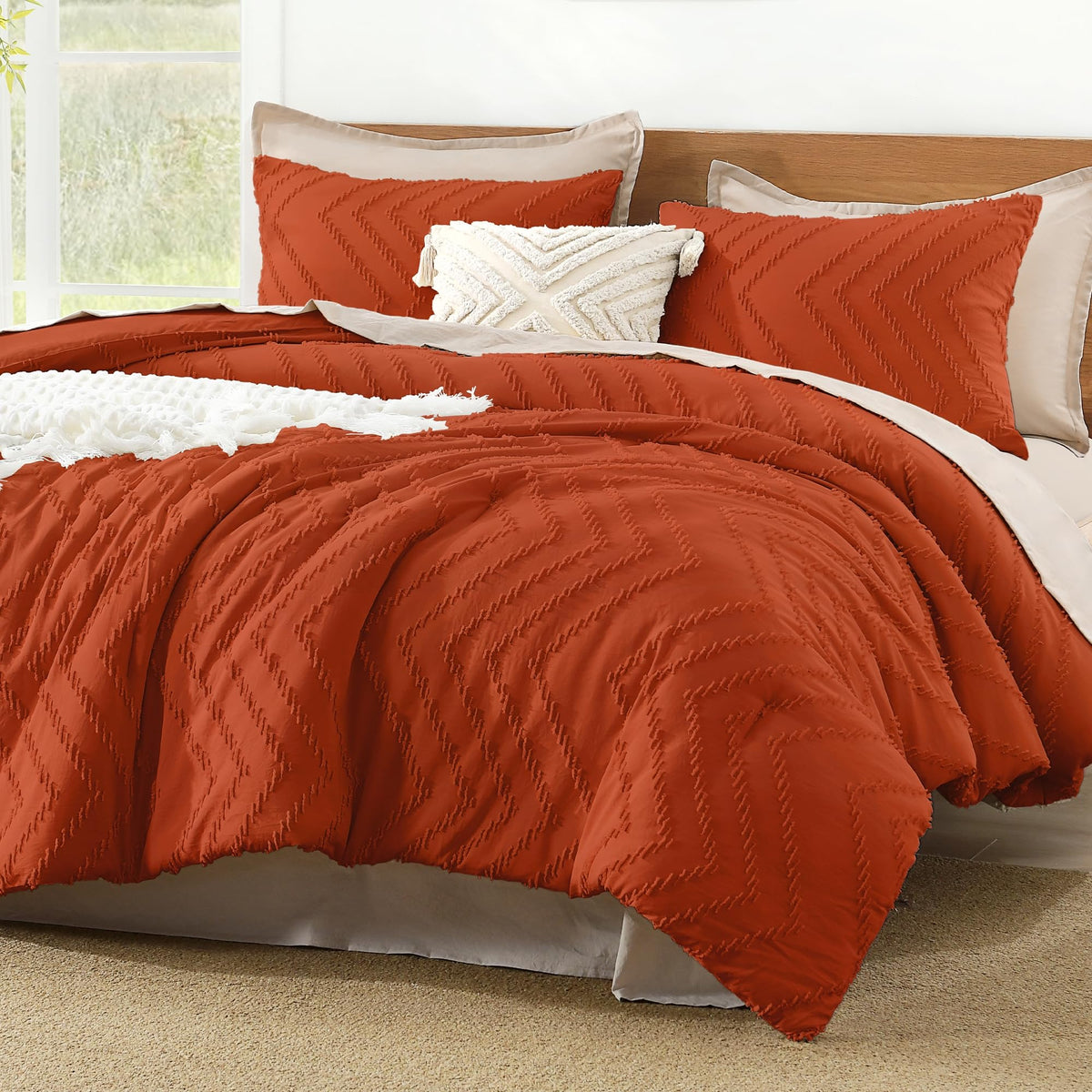 Litanika front view of king comforter showing boho tufted design and cozy look