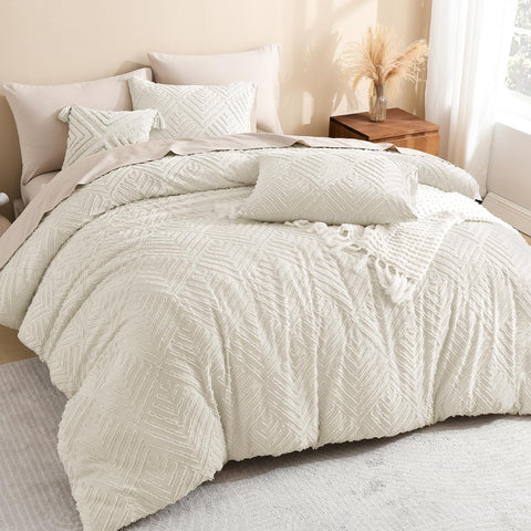 Litanika comforter front view showing beige tufted boho design and cozy appeal