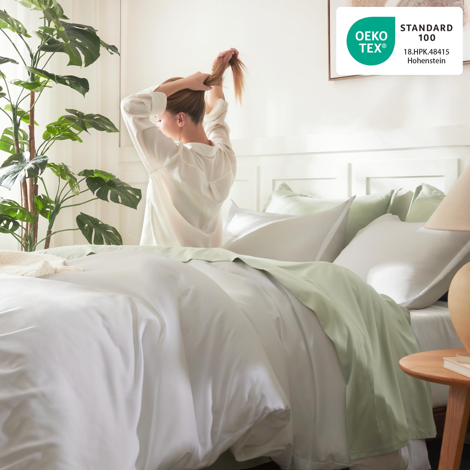 Litanika in bedroom styled setting pairing with pillows to show versatile decor benefit