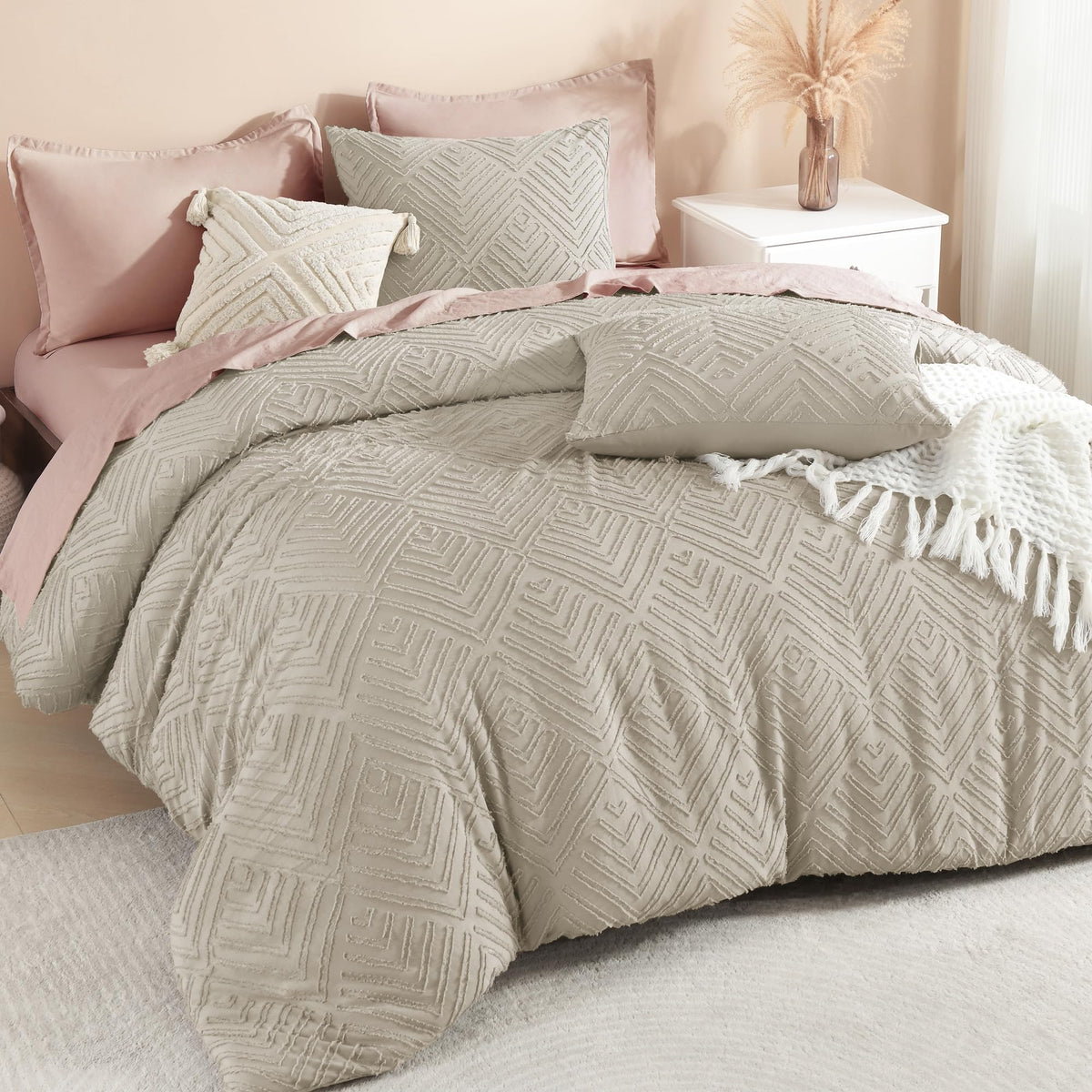 Litanika comforter front view showing tufted boho design and cozy look