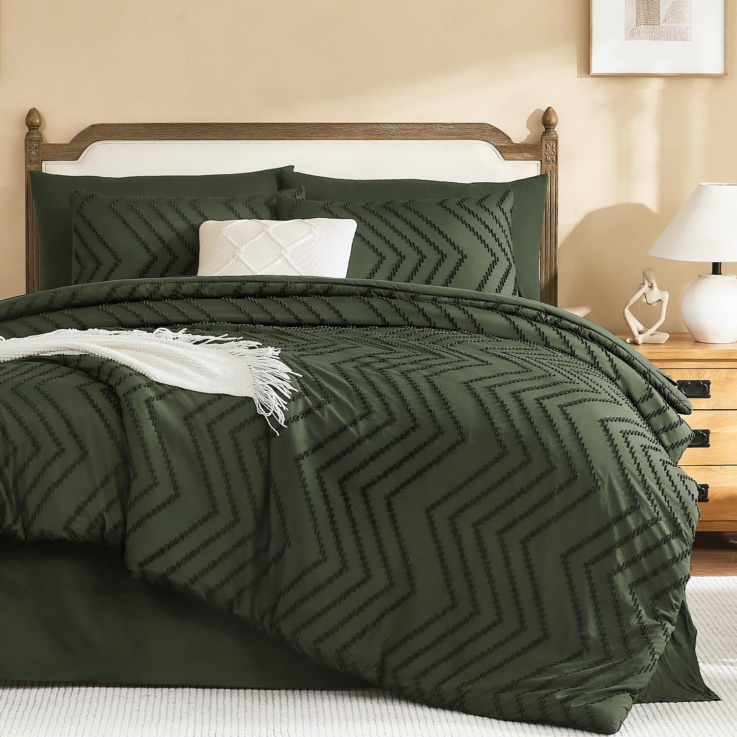 Litanika olive comforter front view showing soft texture and modern style benefit.