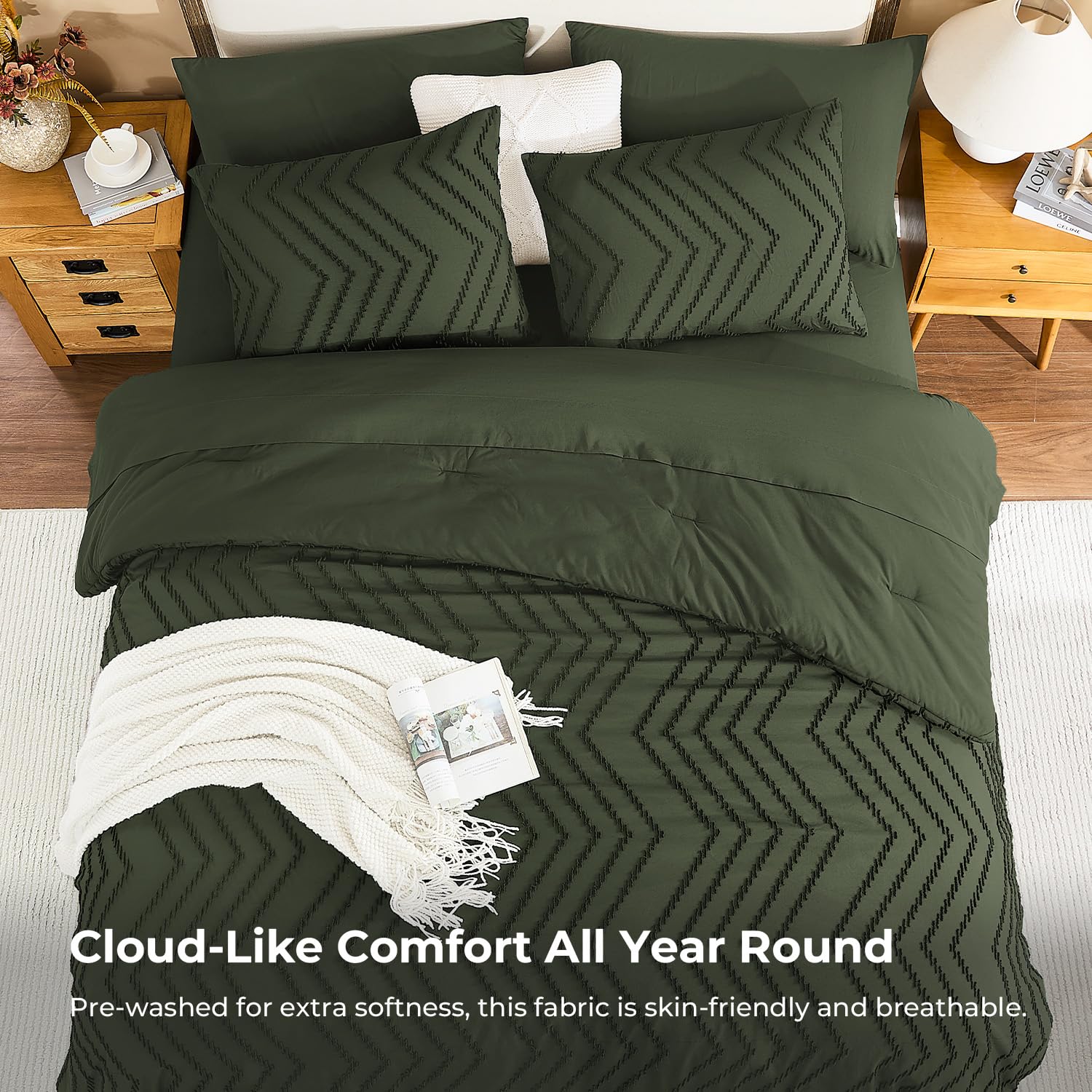 Litanika comforter styled on bed showing room update and layered look benefit.